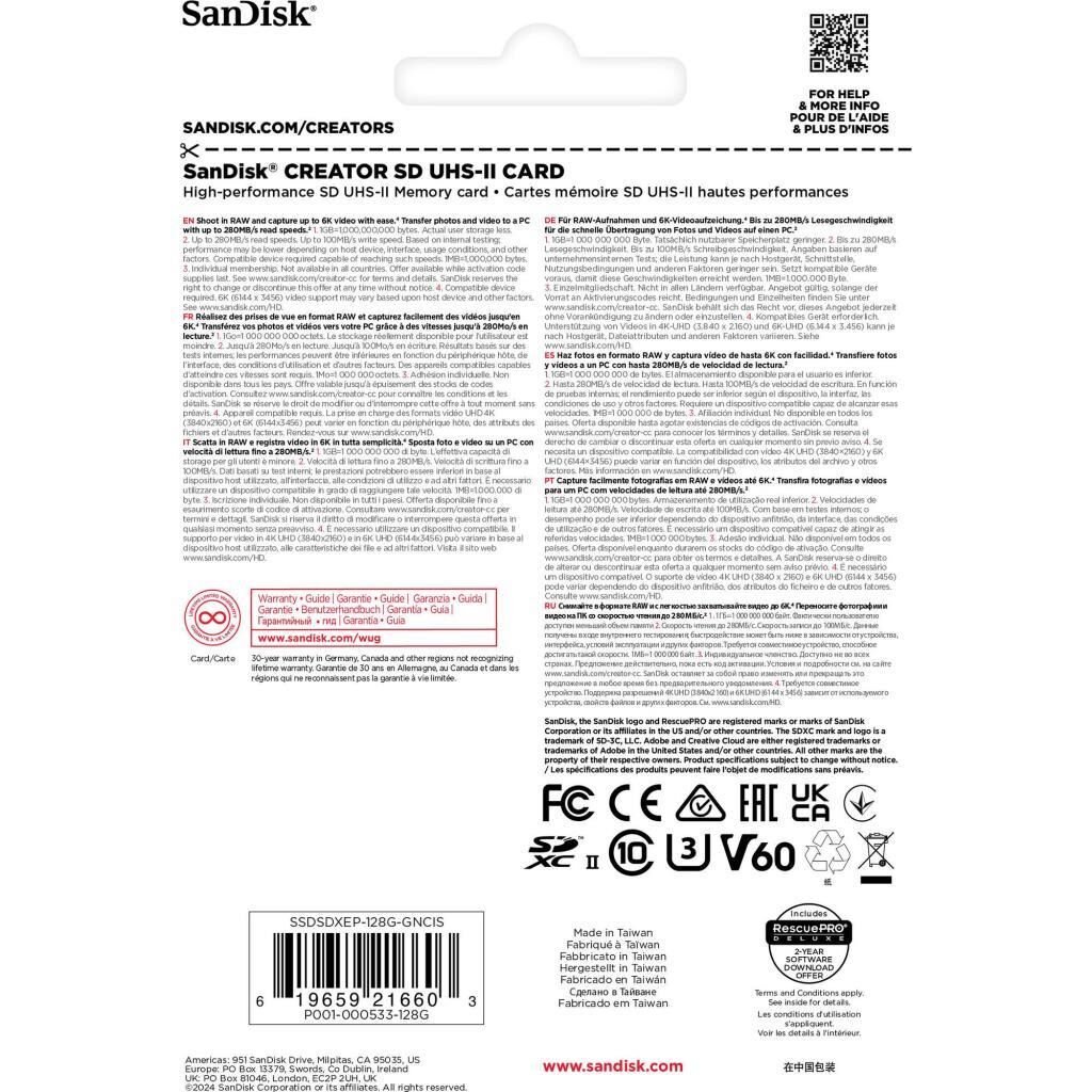 SanDisk Creator 128GB V60 280MB/s UHS-II SDXC Hafıza Kartı - SDSDXEP-128G-GNCIS