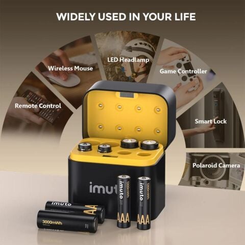 Imuto 3000mWh AA & 1300mWh AAA Lityum Şarjlı Pil Seti (4+4) Yuvalı Şarj Ünitesi