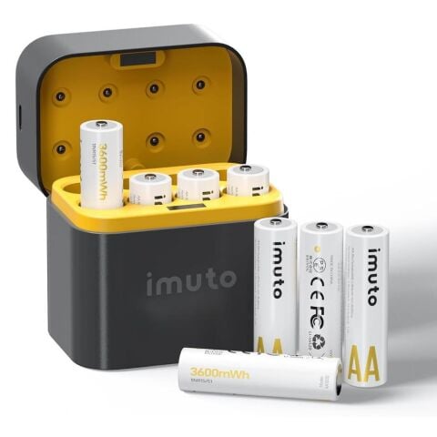 Imuto 3600 mWh AA Lityum Şarjlı Pil Seti (8’li) + 8 Yuvalı Şarj Ünitesi