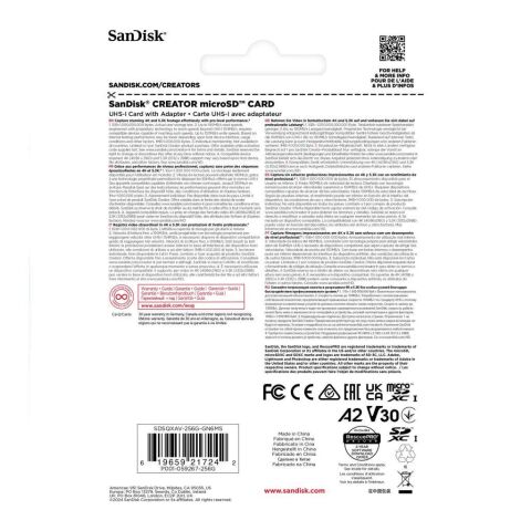 SanDisk Creator 256GB 190/130MB/s UHS-I U3 A2 V30 256 GB Micro SD Hafıza Kartı - SDSQXAV-256G-IN6M