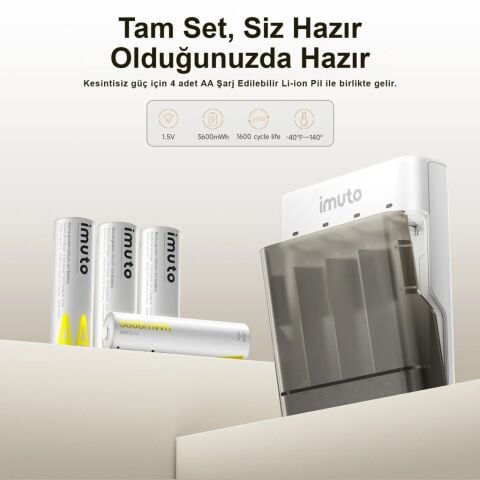 Imuto 3600mWh AA Şarj Edilebilir Pil + Power Case Şarj Kiti (4’lü Paket)