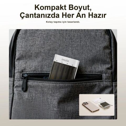 Imuto 3600mWh AA Şarj Edilebilir Pil + Power Case Şarj Kiti (4’lü Paket)