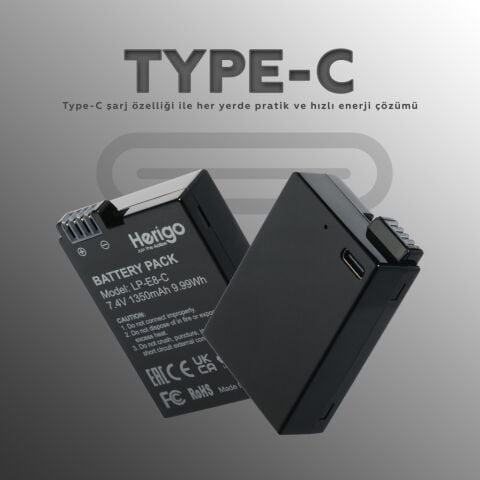 Herigo LP-E8-C 1350mAh Type-C Şarjlı Batarya (LP-E8 Uyumlu)