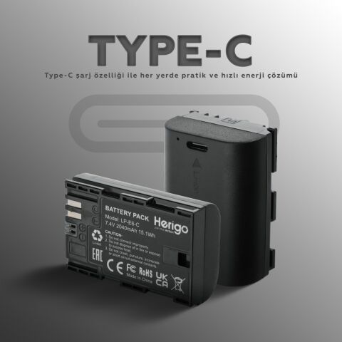 Herigo LP-E6-C 2040mAh Type-C Şarjlı Batarya (LP-E6 Uyumlu)