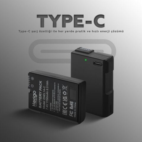 Herigo EN-EL14-C 1150mAh Type-C Şarjlı Batarya (EN-EL14 Uyumlu)