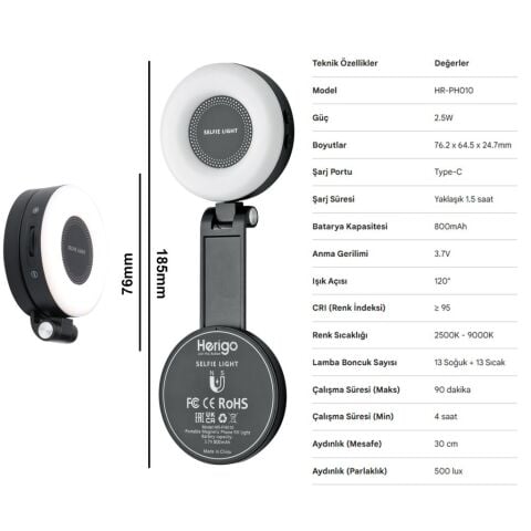 Herigo HR-PH010 Aynalı Manyetik Selfie Işığı Telefon Standı
