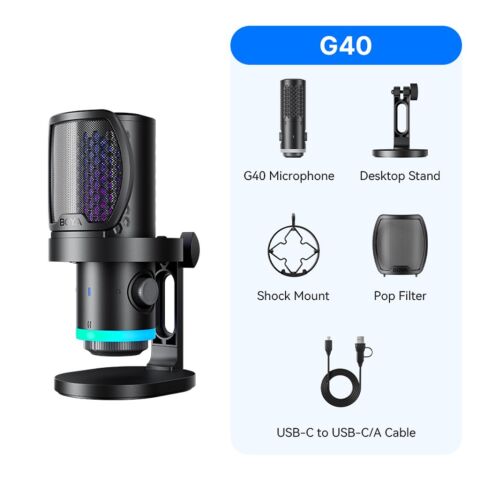 BOYA CastMic G40 RGB Aydınlatmalı Gürültü Engellemeli USB Mikrofon ve Masa Standı