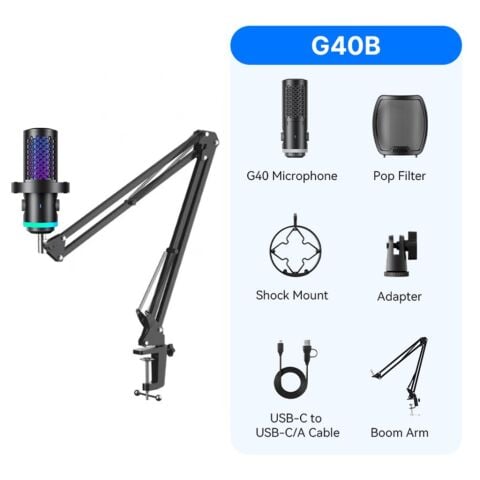 BOYA CastMic G40B RGB Aydınlatmalı Gürültü Engellemeli USB Mikrofon ve Boom Arm Set