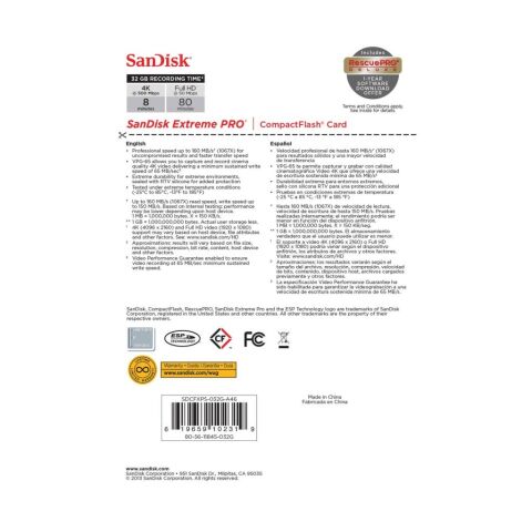 SanDisk Extreme PRO 32GB 160MB/s CompactFlash Hafıza Kartı - SDCFXPS-032G-X46