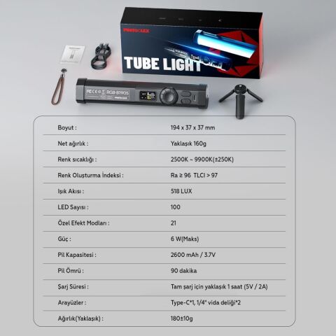 Photoolex B190S RGB LED Tube Light Profesyonel Video ve Fotoğraf Işığı - TF-LS-155LW-PL