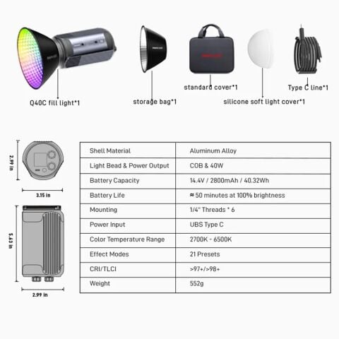 Photoolex Q40C 40W APP Kontrollü RGB Taşınabilir COB Video Işığı - LS-199PL
