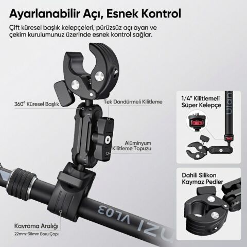 Ulanzi VL03 Motosiklet Görünmez Selfie Çubuğu Kamera Montaj Aparatı - T119