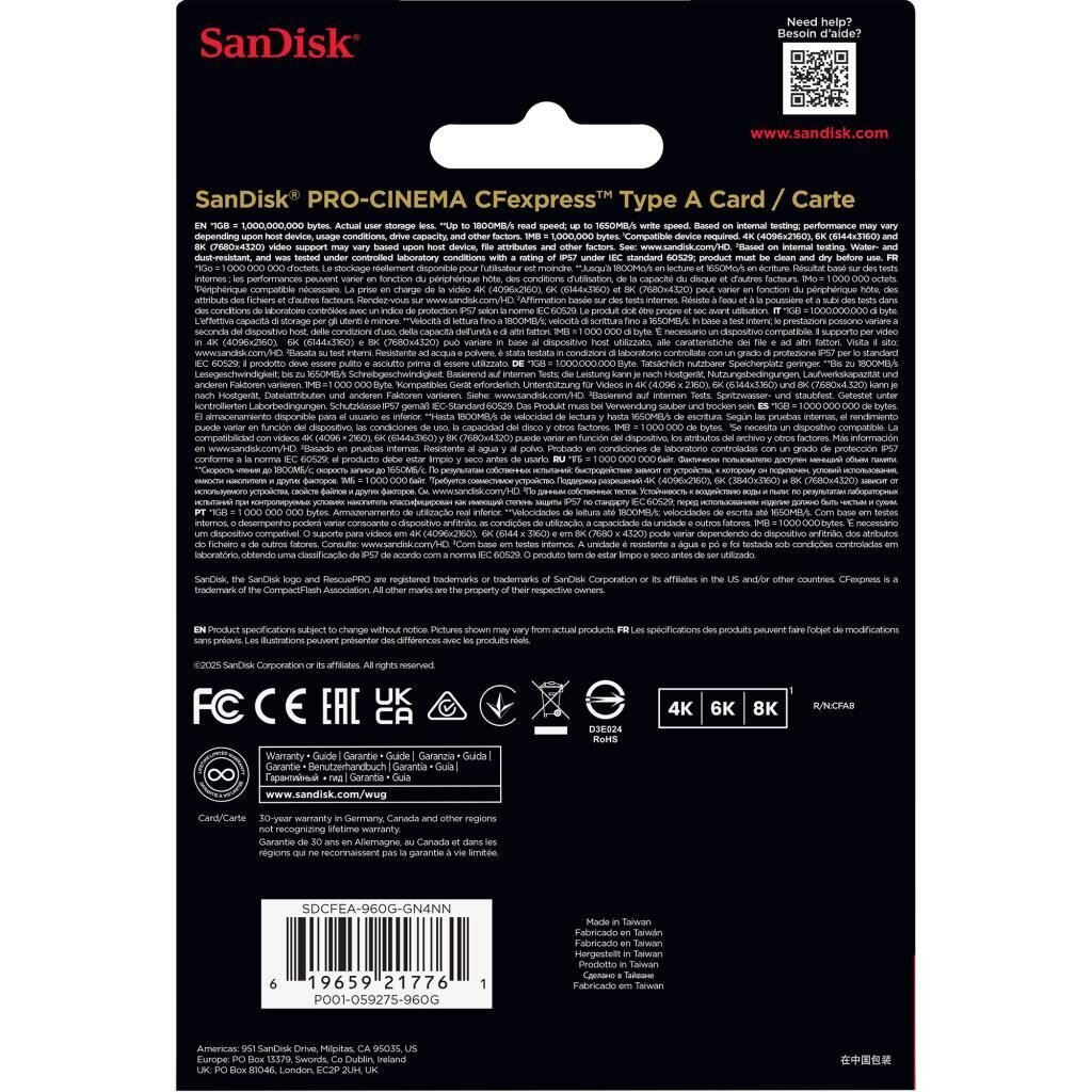 SANDISK 960GB PRO-CINEMA CFexpress Type A Hafıza Kartı (SDCFEA-960G-GN4NN)