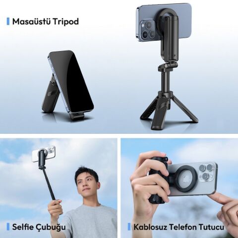 Ulanzi JJ03S Manyetik Telefon Tripodu 360° Selfie Çubuğu Bluetooth Kumandalı Siyah - T090A