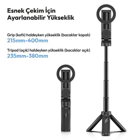 Ulanzi JJ03S Manyetik Telefon Tripodu 360° Selfie Çubuğu Bluetooth Kumandalı Siyah - T090A