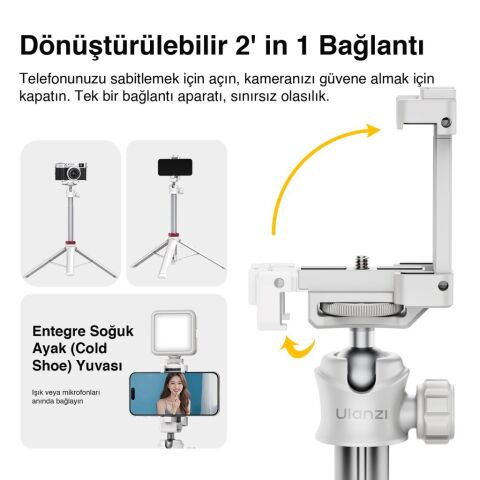 Ulanzi MT-44 149cm 2si 1 Arada Hızlı Açılır Selfie Çubuğu Tripod Telefon Kamera Uyumlu Beyaz - 2503E