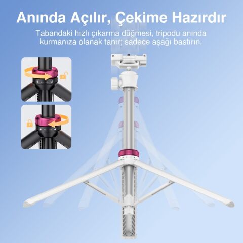 Ulanzi MT-44 149cm 2si 1 Arada Hızlı Açılır Selfie Çubuğu Tripod Telefon Kamera Uyumlu Beyaz - 2503E