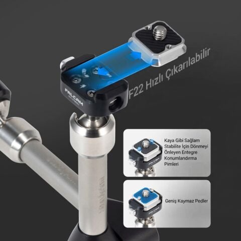 FALCAM F22 Quick Release 7 Inch 360° Çift Ball Head Metal Extension Magic Arm Gri - 2974B