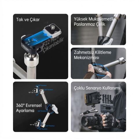 FALCAM F22 Quick Release 7 Inch 360° Çift Ball Head Metal Extension Magic Arm Gri - 2974B